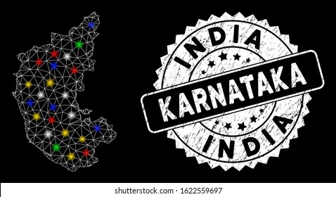 Bright mesh Karnataka State map with glow effect, and stamp. Wire carcass triangular Karnataka State map mesh in vector format on a black background. White round stamp with distress texture.