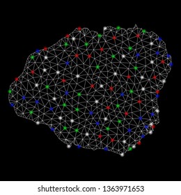 Bright mesh Kauai Island map with glare effect. Wire carcass polygonal mesh in vector format on a black background. Abstract 2d mesh built from triangles, round dots, colorful glare spots.