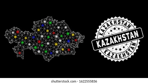 Bright mesh Kazakhstan map with glow effect, and seal. Wire carcass triangular Kazakhstan map mesh in vector format on a black background. White round seal with distress textures.