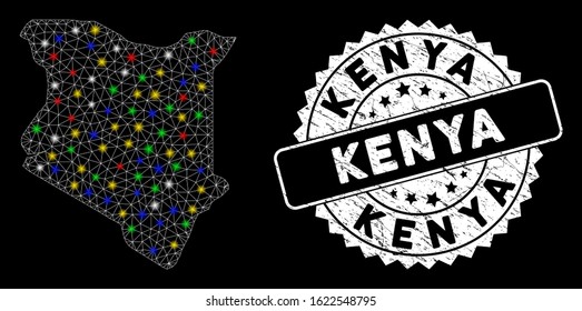 Bright mesh Kenya map with glare effect, and seal stamp. Wire frame triangular Kenya map mesh in vector format on a black background. White round seal stamp with distress texture.
