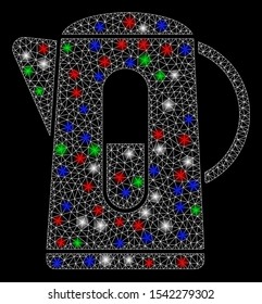 Bright mesh kettle with glare effect. White wire carcass triangular mesh in vector format on a black background. Abstract 2d mesh designed with polygonal grid, points, colored glare spots.