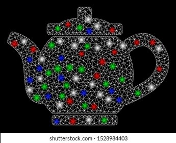 Bright mesh kettle with lightspot effect. White wire frame polygonal mesh in vector format on a black background. Abstract 2d mesh built from polygonal grid, points, colorful flare spots.