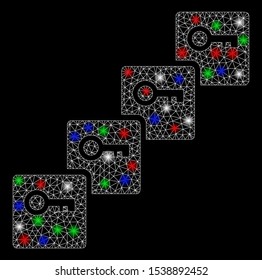 Bright mesh key blockchain with glare effect. White wire carcass triangular mesh in vector format on a black background. Abstract 2d mesh designed with triangular lines, dots, colored glare spots.