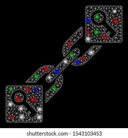 Bright mesh key blockchain with glow effect. White wire frame polygonal mesh in vector format on a black background. Abstract 2d mesh designed with triangles, small circle, colorful glare spots.
