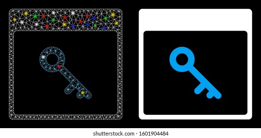 Bright mesh key calendar page icon with lightspot effect. Abstract illuminated model of key calendar page. Shiny wire frame triangular network key calendar page icon.