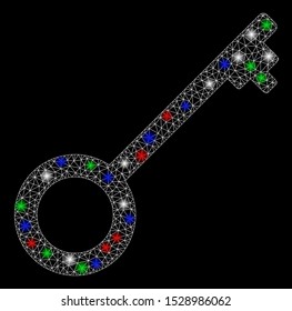 Bright mesh key with glare effect. White wire carcass polygonal mesh in vector format on a black background. Abstract 2d mesh designed with polygonal grid, round dots, colorful light spots.