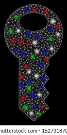 Bright mesh key with glow effect. White wire carcass polygonal mesh in vector format on a black background. Abstract 2d mesh designed with polygonal grid, dots, colorful flash spots.