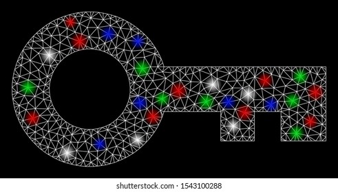 Bright mesh key with glow effect. White wire frame polygonal mesh in vector format on a black background. Abstract 2d mesh designed with polygonal grid, dots, colorful glare spots.