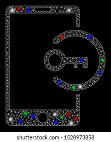 Bright mesh key login smartphone with glow effect. White wire carcass polygonal mesh in vector format on a black background. Abstract 2d mesh designed with polygonal grid, points, colored flash spots.