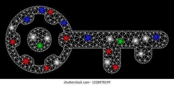 Bright mesh key options with glow effect. White wire frame polygonal mesh in vector format on a black background. Abstract 2d mesh designed with polygonal grid, round dots, colorful light spots.