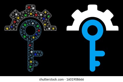 Bright mesh key options icon with sparkle effect. Abstract illuminated model of key options. Shiny wire carcass triangular mesh key options icon. Vector abstraction on a black background.