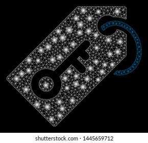 Bright mesh key token with glare effect. Abstract illuminated model of key token icon. Shiny wire carcass polygonal mesh key token. Vector abstraction on a black background.