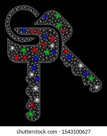 Bright mesh keys with lightspot effect. White wire carcass triangular mesh in vector format on a black background. Abstract 2d mesh designed with triangular lines, dots, colored glare spots.