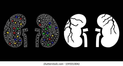 Bright mesh kidneys cancer icon with glow effect. Abstract illuminated model of kidneys cancer. Shiny wire carcass triangular mesh kidneys cancer icon. Vector abstraction on a black background.