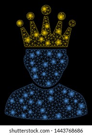 Bright mesh king admin with lightspot effect. Shiny wire carcass polygonal mesh in vector format on a black background. Abstract 2d mesh built from polygonal grid, points, glossy glare spots.