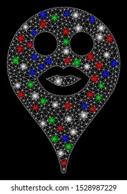 Bright mesh kiss smiley map marker with glare effect. White wire frame triangular mesh in vector format on a black background. Abstract 2d mesh designed with triangular lines, dots,