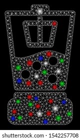 Bright mesh kitchen blender with glare effect. White wire frame triangular mesh in vector format on a black background. Abstract 2d mesh built from triangular lines, dots, colored light spots.