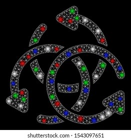 Bright mesh knot rotation with glare effect. White wire carcass triangular mesh in vector format on a black background. Abstract 2d mesh created from triangles, round dots, colored glare spots.
