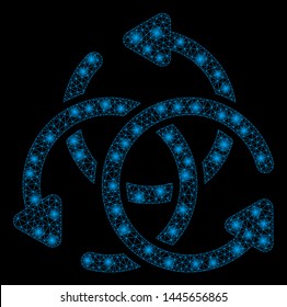 Bright mesh knot rotation with glow effect. Abstract illuminated model of knot rotation icon. Shiny wire carcass polygonal mesh knot rotation. Vector abstraction on a black background.