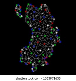 Bright mesh Ko Tao map with glare effect. Wire frame triangular mesh in vector format on a black background. Abstract 2d mesh built from triangular lines, round dots, colored light spots.