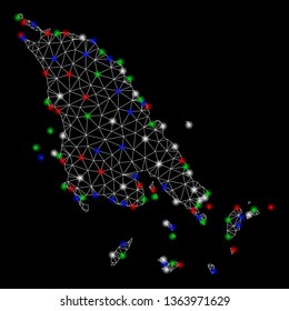 Bright mesh Koh Chang map with lightspot effect. Wire carcass triangular mesh in vector format on a black background. Abstract 2d mesh built from triangular lines, points, colorful glare spots.