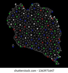 Bright mesh Koh Phangan Thai Island map with lightspot effect. Wire carcass triangular mesh in vector format on a black background. Abstract 2d mesh designed with triangular lines, points,
