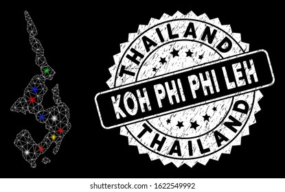 Bright mesh Koh Phi Leh map with glow effect, and seal stamp. Wire frame polygonal Koh Phi Leh map mesh in vector format on a black background.