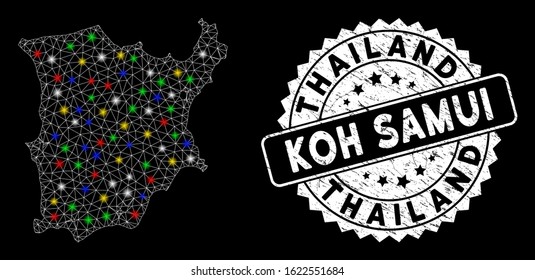 Bright mesh Koh Samui map with lightspot effect, and stamp. Wire carcass polygonal Koh Samui map mesh in vector format on a black background. White round stamp imprint with distress surface.