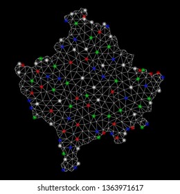 Bright mesh Kosovo map with glow effect. Wire frame triangular mesh in vector format on a black background. Abstract 2d mesh designed with triangles, points, colorful flash spots.