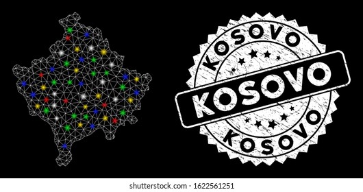 Bright mesh Kosovo map with lightspot effect, and seal stamp. Wire carcass triangular Kosovo map network in vector format on a black background. White round seal stamp with grunge texture.