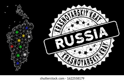 Bright mesh Krasnoyarskiy Kray map with glare effect, and seal stamp. Wire frame polygonal Krasnoyarskiy Kray map mesh in vector format on a black background.