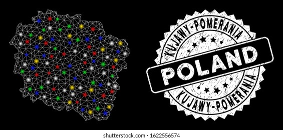 Bright mesh Kujawy-Pomerania Province map with lightspot effect, and watermark. Wire frame triangular Kujawy-Pomerania Province map mesh in vector format on a black background.