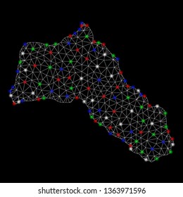 Bright mesh Kurdistan map with glare effect. Wire frame triangular network in vector format on a black background. Abstract 2d mesh designed with triangular lines, small circle, colored glare spots.