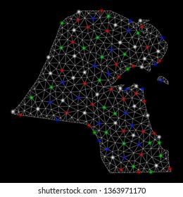 Bright mesh Kuwait map with glow effect. Wire frame triangular mesh in vector format on a black background. Abstract 2d mesh designed with triangular lines, small circle, colored flare spots.