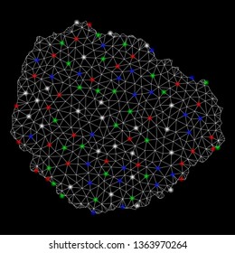 Bright mesh La Gomera Island map with glare effect. Wire carcass triangular mesh in vector format on a black background. Abstract 2d mesh built from triangular lines, dots, colored flash spots.