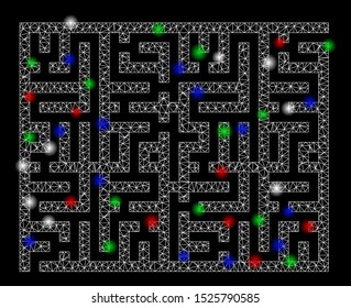 Bright mesh labyrinth with glare effect. White wire carcass triangular mesh in vector format on a black background. Abstract 2d mesh built from triangular lines, round dots, colorful flare spots.