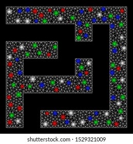 Bright mesh labyrinth with glare effect. White wire carcass polygonal mesh in vector format on a black background. Abstract 2d mesh designed with polygonal grid, round dots, colored flare spots.