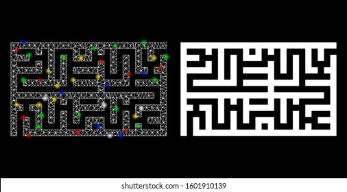 Bright mesh labyrinth icon with glitter effect. Abstract illuminated model of labyrinth. Shiny wire carcass polygonal mesh labyrinth icon. Vector abstraction on a black background.