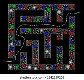 Bright mesh labyrinth route with glow effect. White wire carcass polygonal network in vector format on a black background. Abstract 2d mesh designed with polygonal grid, spheric points,