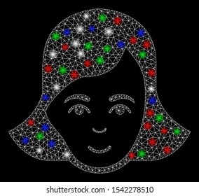 Bright mesh lady face with glow effect. White wire carcass triangular mesh in vector format on a black background. Abstract 2d mesh designed with triangles, dots, colored flash spots.