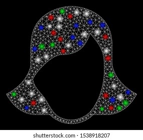 Bright mesh lady face template with lightspot effect. White wire frame triangular mesh in vector format on a black background. Abstract 2d mesh created from triangular lines, spheric points,