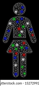 Bright mesh lady with glare effect. White wire frame triangular mesh in vector format on a black background. Abstract 2d mesh designed with polygonal grid, points, colorful glare spots.