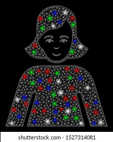 Bright mesh lady with glow effect. White wire frame triangular mesh in vector format on a black background. Abstract 2d mesh designed with triangular lines, dots, colored glare spots.