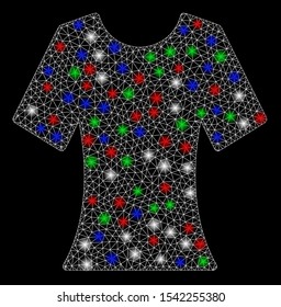Bright mesh lady T-shirt with glow effect. White wire frame triangular mesh in vector format on a black background. Abstract 2d mesh designed with polygonal grid, points, colorful light spots.