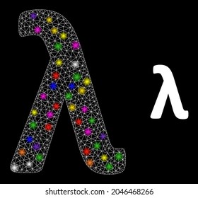 Bright mesh Lambda Greek lowercase letter constellation icon with light spots. Illuminated vector constellation is created from Lambda Greek lowercase letter picture.