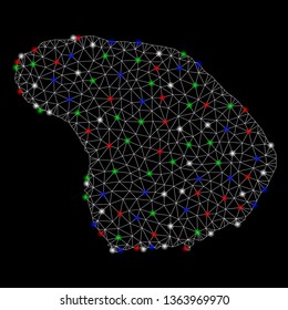 Bright mesh Lanai Island map with glow effect. Wire carcass polygonal mesh in vector format on a black background. Abstract 2d mesh designed with triangles, points, colorful flash spots.