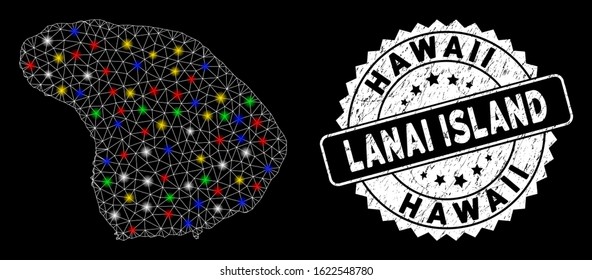 Bright mesh Lanai Island map with lightspot effect, and seal stamp. Wire frame polygonal Lanai Island map mesh in vector format on a black background. White round seal with grunge texture.