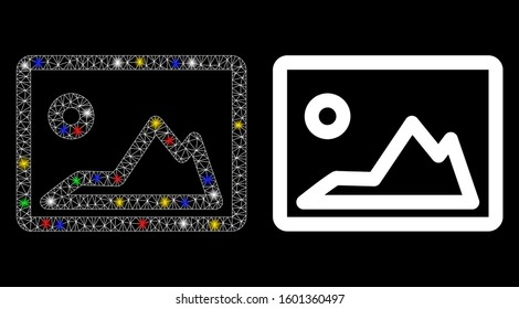Bright mesh landscape image icon with glare effect. Abstract illuminated model of landscape image. Shiny wire frame polygonal mesh landscape image icon. Vector abstraction on a black background.
