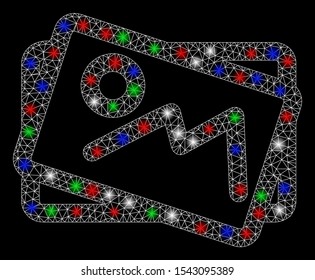 Bright mesh landscape pictures with lightspot effect. White wire frame polygonal network in vector format on a black background. Abstract 2d mesh designed with polygonal grid, small circle,
