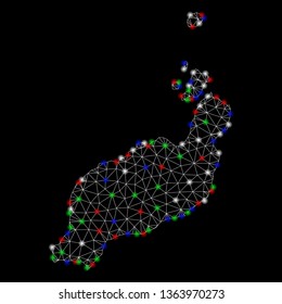 Bright mesh Lanzarote Islands map with glare effect. Wire carcass triangular mesh in vector format on a black background. Abstract 2d mesh designed with triangular lines, small circle,